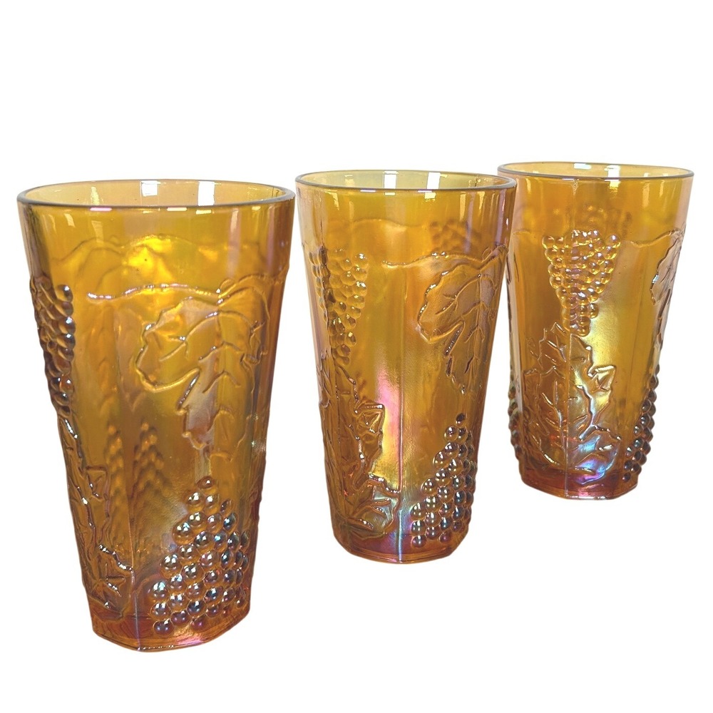 Indiana Glass Amber Harvest Grape Marigold Carnival Glass Tumblers Set/3 12oz